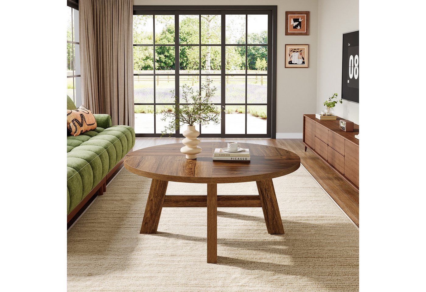 Tribesigns Couchtisch Runder, 100cm Wohnzimmertisch Mit Kreuzstrebe Holztisch für Wohnzimmer – Bild 4 von 5