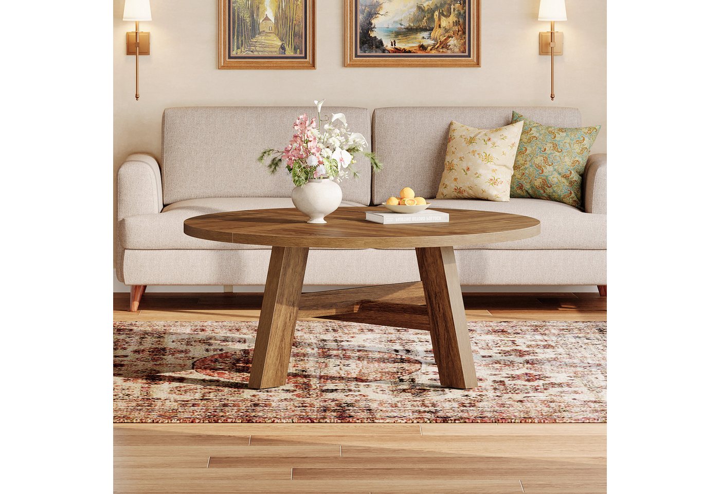 Tribesigns Couchtisch Runder, 100cm Wohnzimmertisch Mit Kreuzstrebe Holztisch für Wohnzimmer – Bild 5 von 5