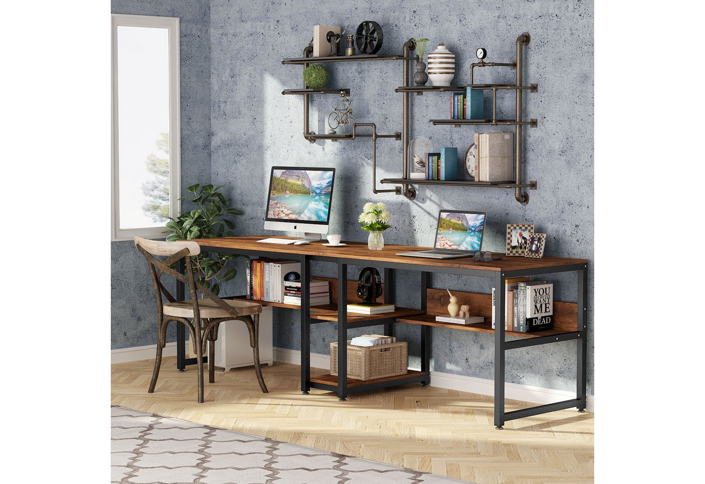 Tribesigns Doppelschreibtisch Schreibtisch, Computertisch mit Regalen, 200 cm Bürotisch – Bild 2 von 5