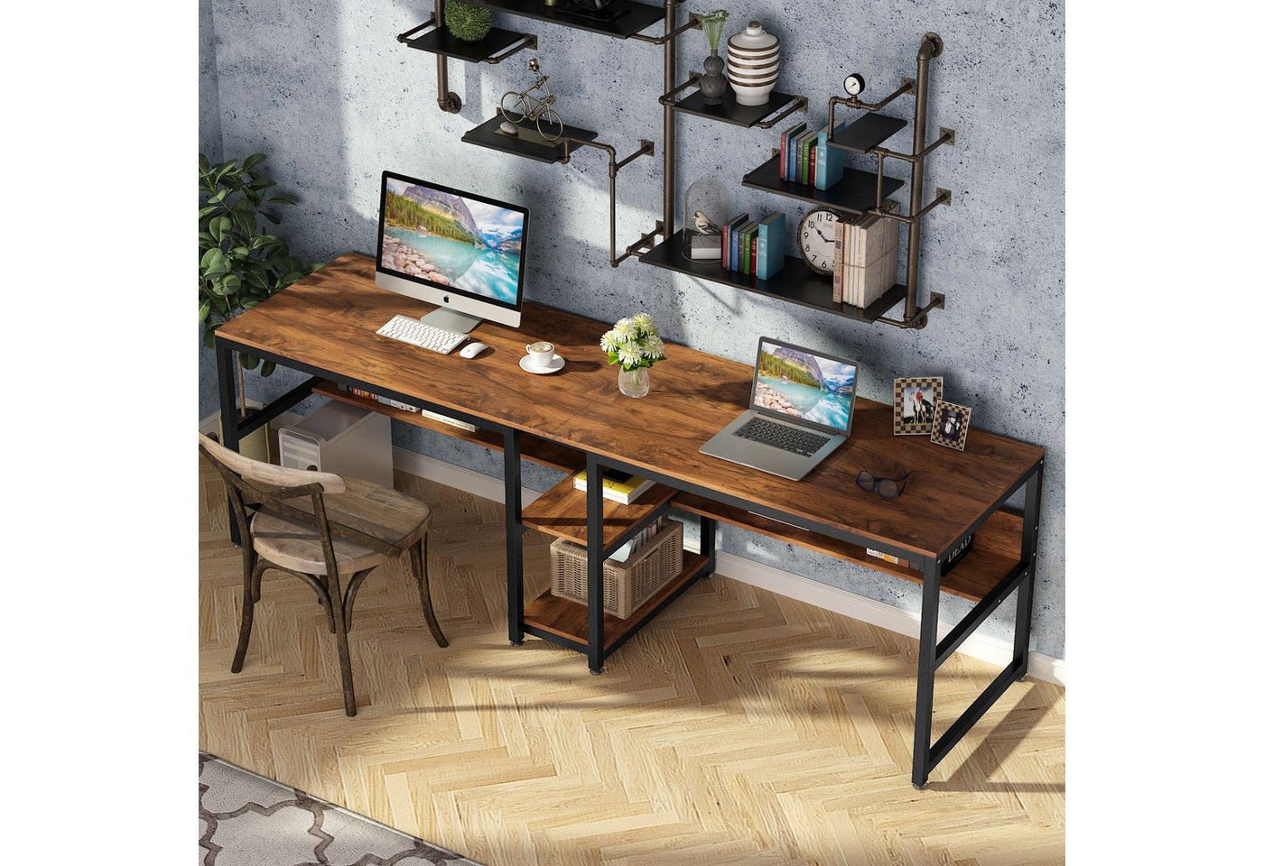 Tribesigns Doppelschreibtisch Schreibtisch, Computertisch mit Regalen, 200 cm Bürotisch – Bild 3 von 5