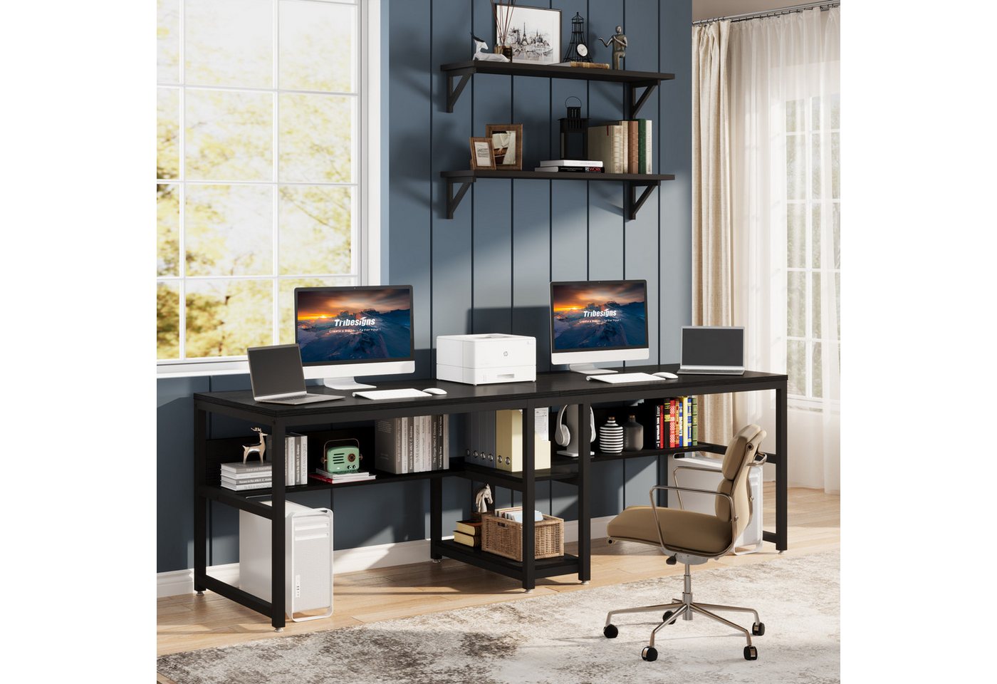 Tribesigns Doppelschreibtisch Schreibtisch, Computertisch mit Regalen, 200 cm Bürotisch – Bild 2 von 5