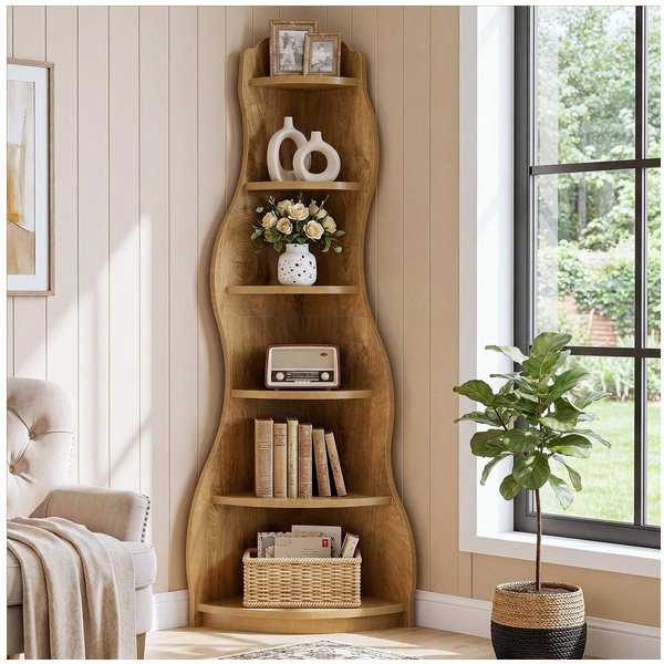 Tribesigns Eckregal 6-stufiges Ecke Bücherregal, 175cm Standregal Aufbewahrungsregal, Wellen-Design Bücherregal aus Holz