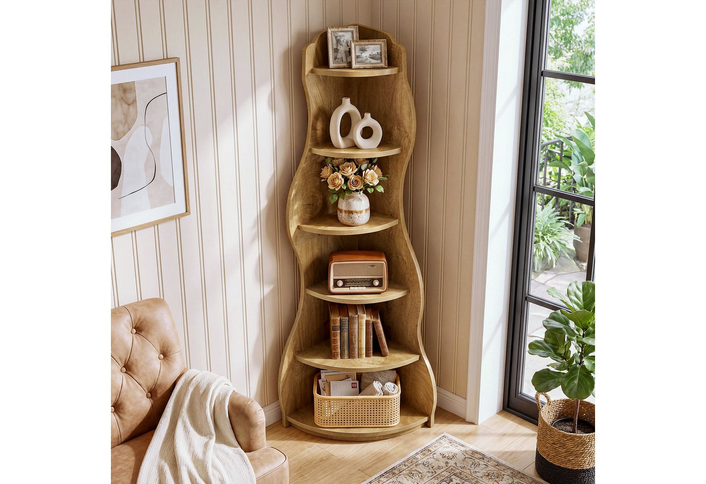 Tribesigns Eckregal 6-stufiges Ecke Bücherregal, 175cm Standregal Aufbewahrungsregal, Wellen-Design Bücherregal aus Holz – Bild 2 von 5