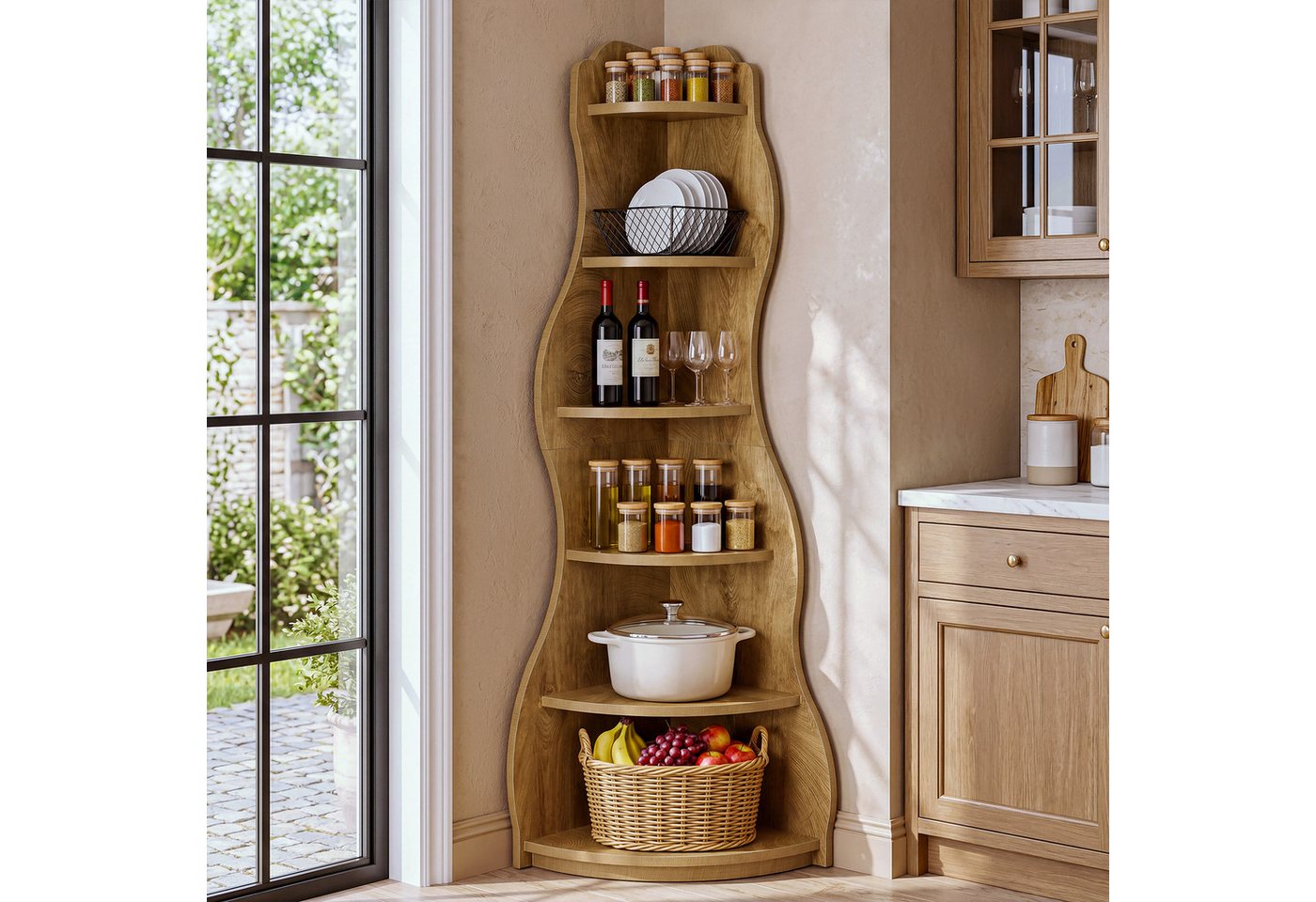 Tribesigns Eckregal 6-stufiges Ecke Bücherregal, 175cm Standregal Aufbewahrungsregal, Wellen-Design Bücherregal aus Holz – Bild 4 von 5