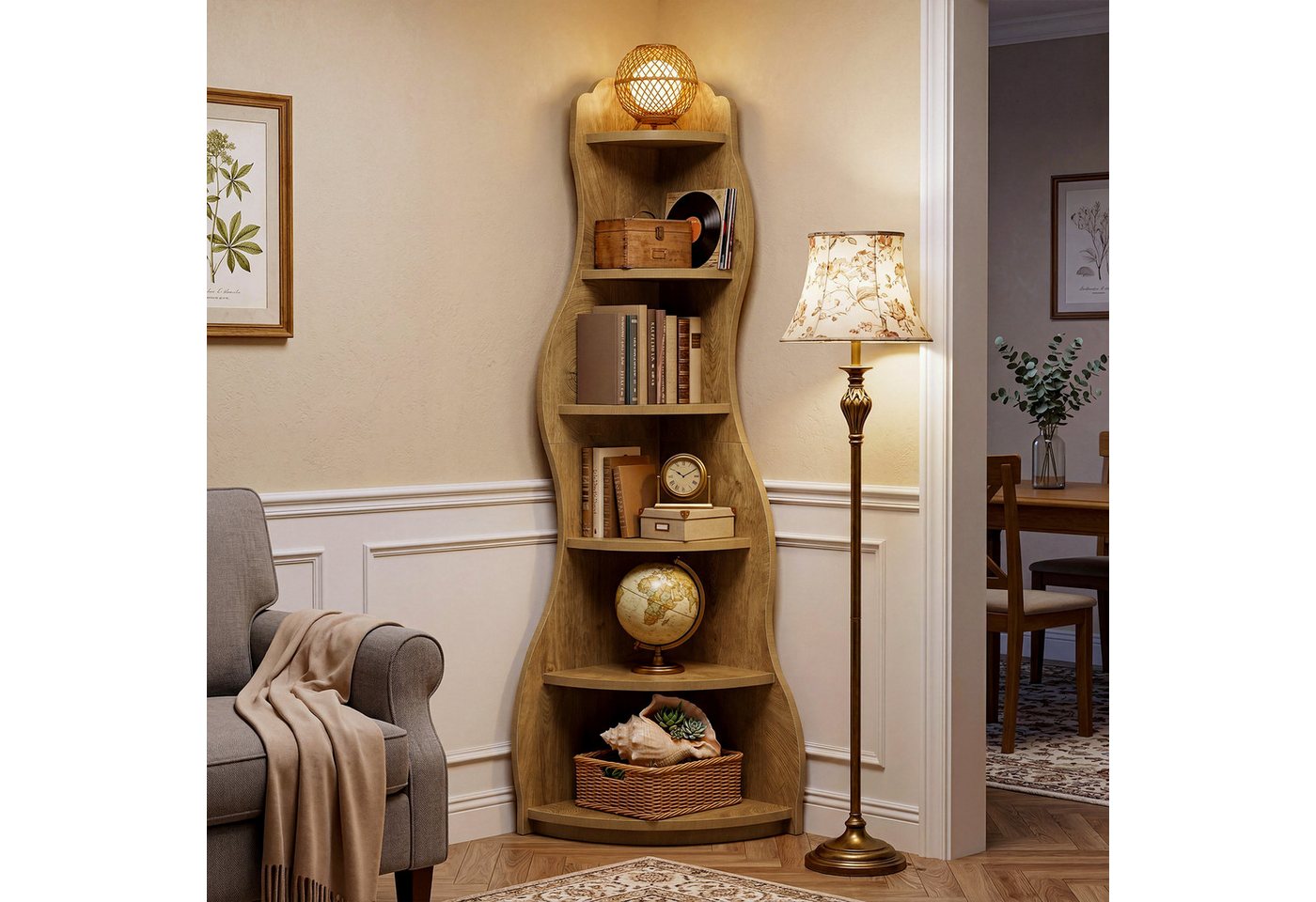 Tribesigns Eckregal 6-stufiges Ecke Bücherregal, 175cm Standregal Aufbewahrungsregal, Wellen-Design Bücherregal aus Holz – Bild 5 von 5