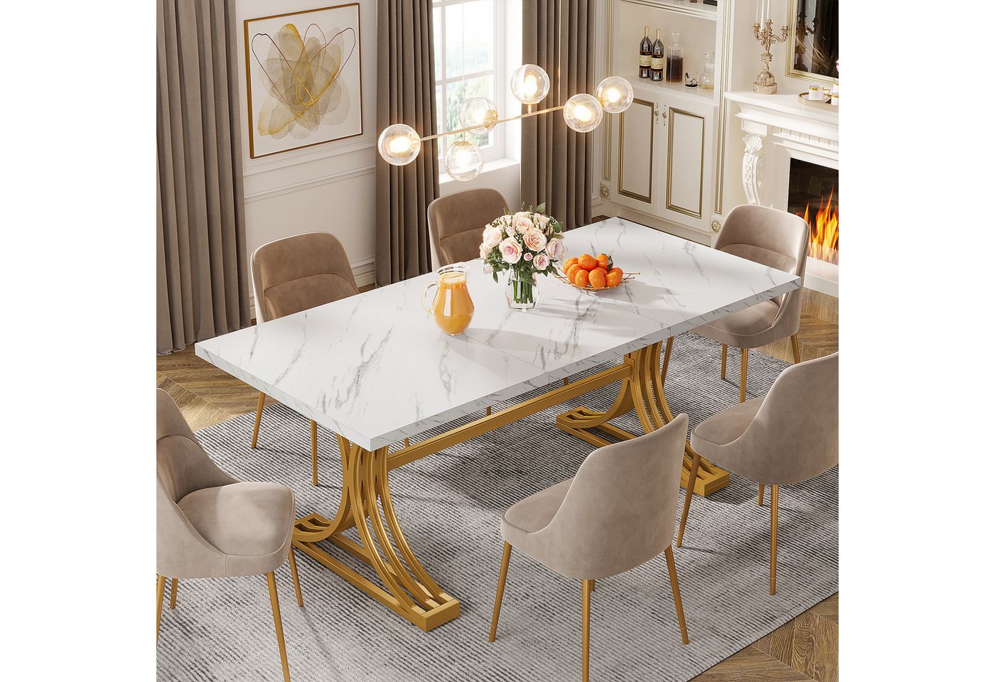 Tribesigns Esstisch 160x80 cm mit Marmoroptik Platte & Gold Metallgestell – Bild 3 von 5