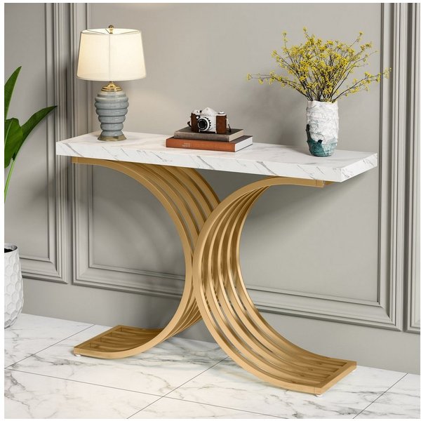 Tribesigns Konsolentisch 100 x 30 x 80 cm Schmal Flurtisch,Beistelltisch mit Gold Metallgestell (Weiß und Gold / Schwarz und Gold), Kleiner Ausstellungstisch, S