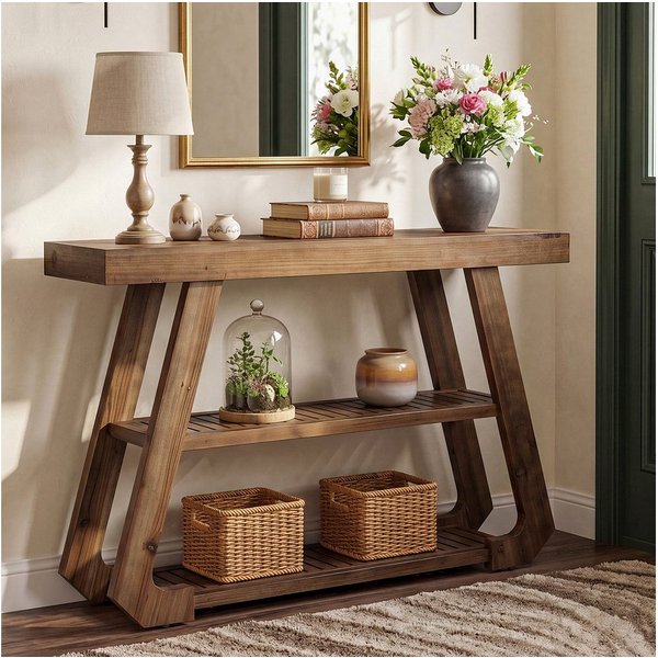 Tribesigns Konsolentisch 105 cm Flurtisch aus Massivholz mit 3 Ablagen, Schmaler Sofatisch im Landhausstil mit A-Gestell