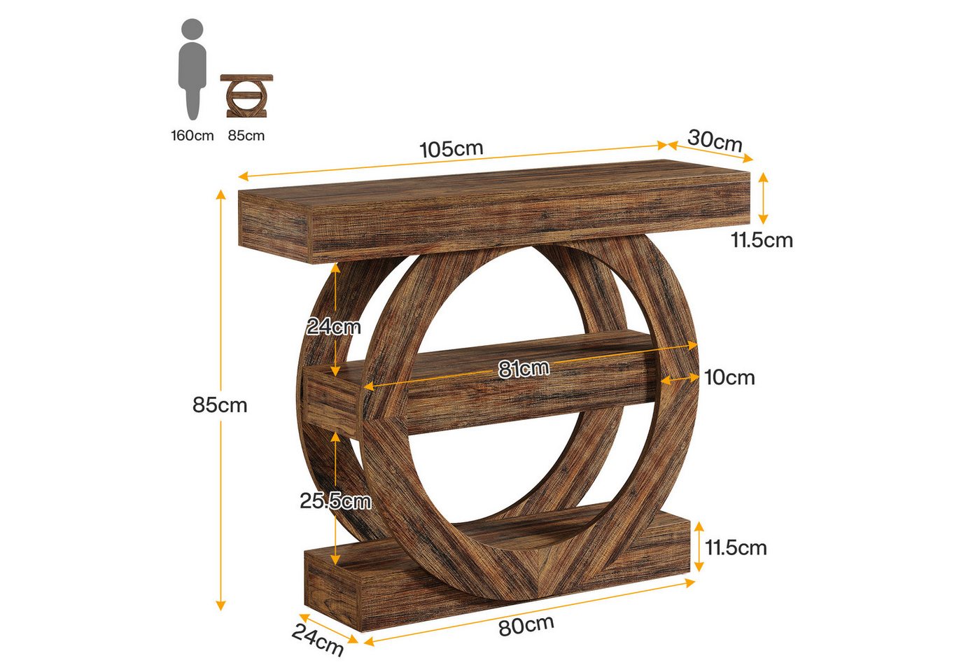 Tribesigns Konsolentisch 105x30x80 cm, 3-stöckiger Sofatisch, Eingangstisch mit runder Basis (Schmaler Beistelltisch für Wohnzimmer Flur), Industrieller Eingang – Bild 5 von 5
