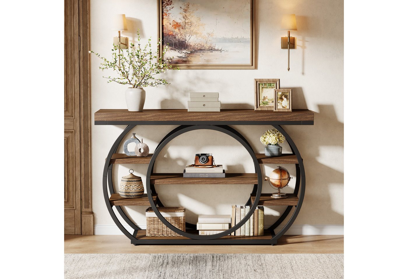 Tribesigns Konsolentisch 120cm Sofatisch, Salon-Industrietisch mit 5 Ebenen Bücherregal (Beistelltisch) – Bild 2 von 5