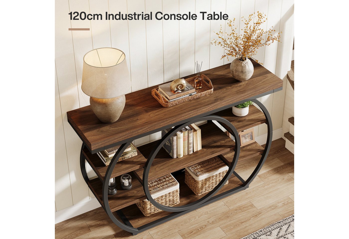 Tribesigns Konsolentisch 120cm Sofatisch, Salon-Industrietisch mit 5 Ebenen Bücherregal (Beistelltisch) – Bild 5 von 5