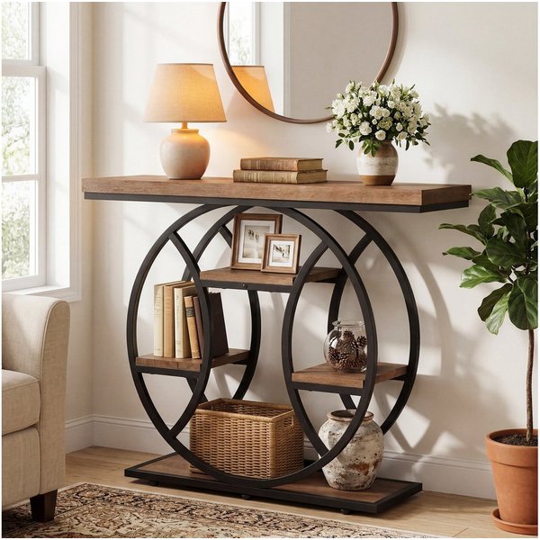 Tribesigns Konsolentisch 4-stufiger Flurtisch mit rundem Metallrahmen, industrie-Sofatisch (105 x 35 x 85 cm), mit Ablageflächen, schmaler Holztisch für Eingang