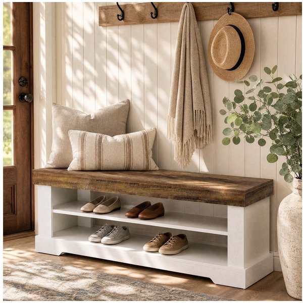 Tribesigns Schuhbank Flurbank 140 cm, 2-stufige Holz-Schuhbank mit Stauraum (Braun/Weiß)
