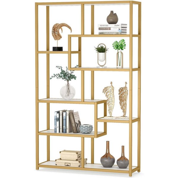 Tribesigns Vitrine 180 cm hohes Bücherregal, modernes Golden weißes Eck-Bücherregal