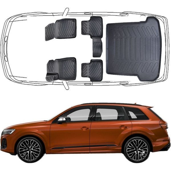 Trimak Passform-Fußmatten Oder Kofferraumwanne Oder Set kompatibel mit Audi Q7, Audi Q7 4M ab 2015 Gummimatten Auto & Kofferraummatte TPE Antirutsch