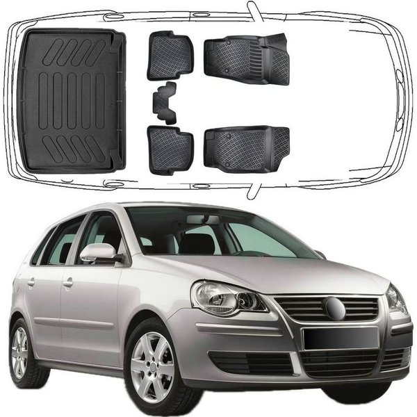 Trimak Passform-Fußmatten Oder Kofferraumwanne Oder Set kompatibel mit Volkswagen Polo, VW Polo IV 2001-2009 Gummimatten Auto & Kofferraummatte TPE Antirutsch