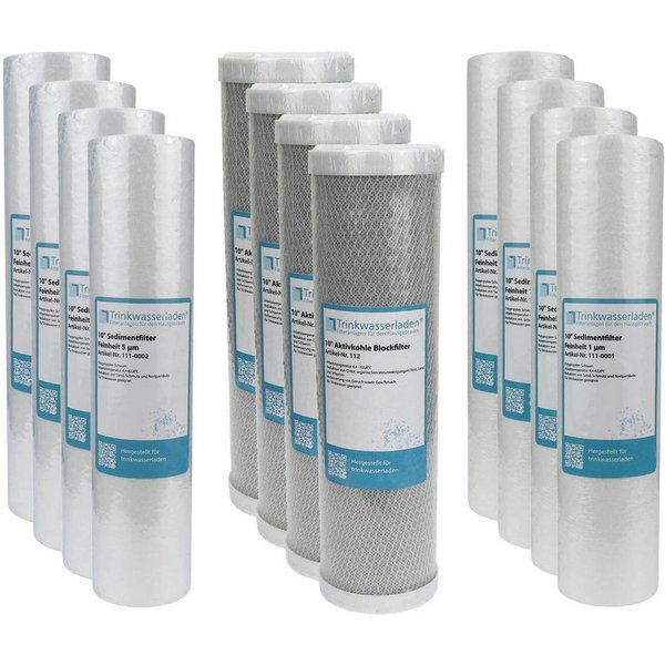 Trinkwasserladen Wasserfilter 2 Jahre Set 10" 12-teilig Ersatz Umkehrosmose RO Sediment Aktivkohle, 12er Set, passend für viele Standard Umkehrosmose-Anlagen