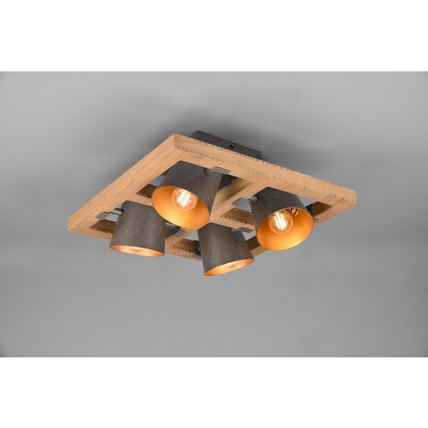 TRIO Leuchten Deckenleuchte Bell, ohne Leuchtmittel, Leuchtmittel wechselbar, Warmweiß, 4-flammig mit Schirmen in Glocken-Optik, Holz-Nickel-Antik-Kombination