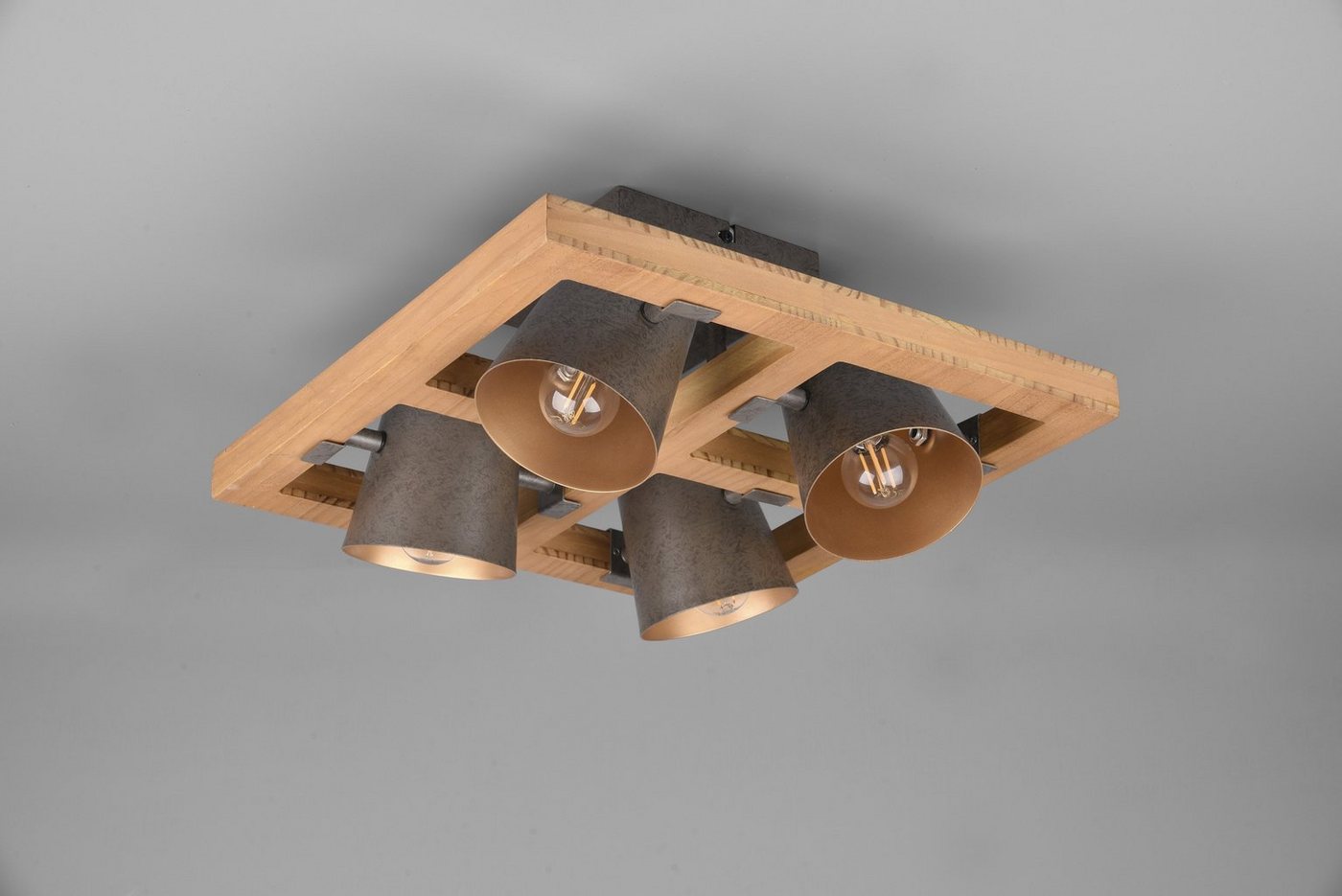 TRIO Leuchten Deckenleuchte Bell, ohne Leuchtmittel, Leuchtmittel wechselbar, Warmweiß, 4-flammig mit Schirmen in Glocken-Optik, Holz-Nickel-Antik-Kombination – Bild 2 von 4