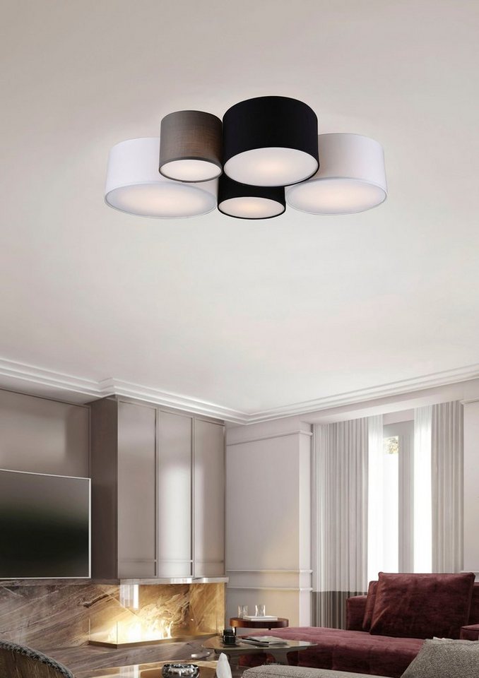 TRIO Leuchten Deckenleuchte Hotel, ohne Leuchtmittel, Deckenlampe 5-flammig, mehrfarbige Stoffschirme (weiß, schwarz, grau) – Bild 3 von 5
