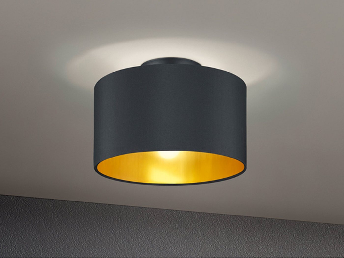 TRIO Leuchten LED Deckenleuchte, Dimmfunktion, LED wechselbar, Warmweiß, Design-klassiker Lampe Treppenhaus Stoff Lampen-schirm Schwarz Gold – Bild 2 von 5