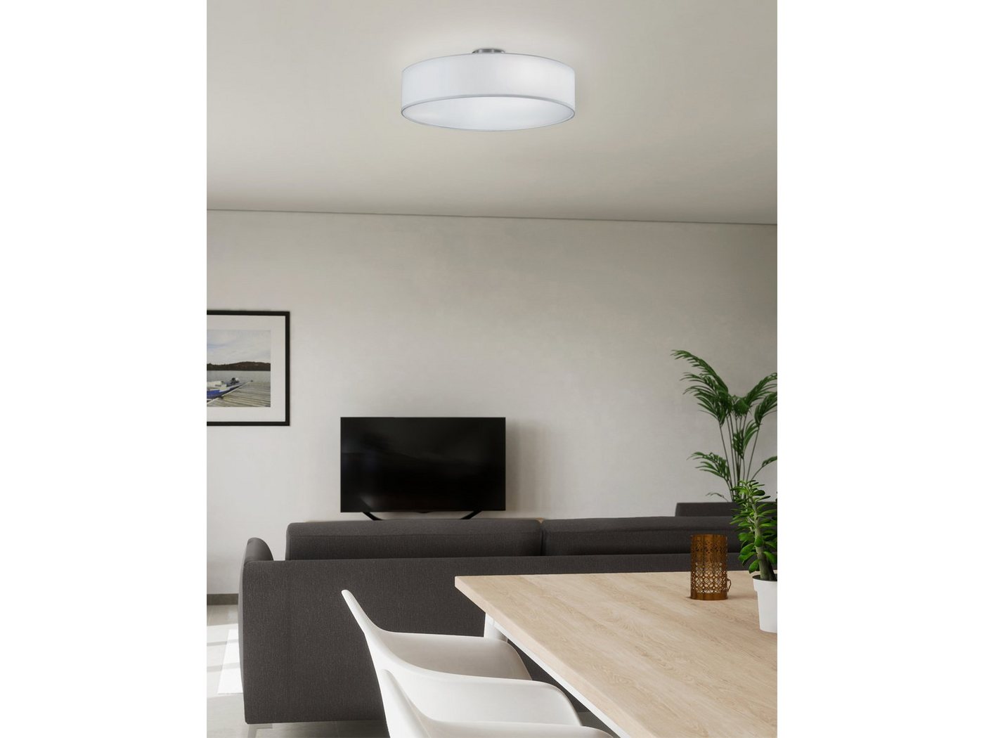 TRIO Leuchten LED Deckenleuchte mit Stoffschirm & Blendschutz Ø 50cm, LED wechselbar, Warmweiß, große Designklassiker Deckenlampe Stoff Lampenschirm mit Leuchtm – Bild 5 von 5