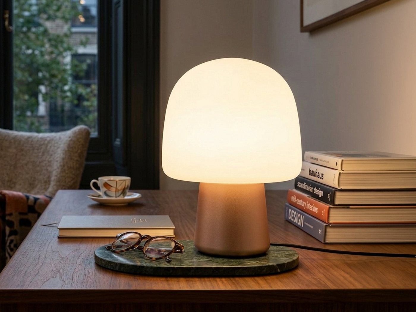 TRIO Leuchten LED Nachttischlampe, Dimmfunktion, LED wechselbar, Warmweiß, kleine coole Pilzlampe für Fensterbank mit Glasschirm, Höhe 27cm – Bild 2 von 5