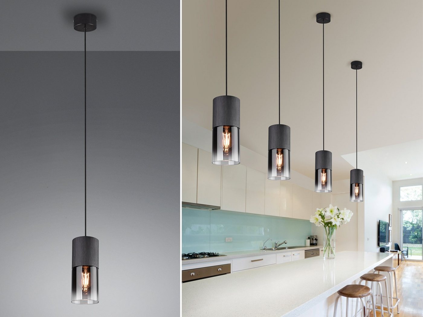 TRIO Leuchten LED Pendelleuchte, LED wechselbar, Warmweiß, klein, Rauchglas einflammig für über Kochinsel & Kücheninsel hängend – Bild 2 von 5
