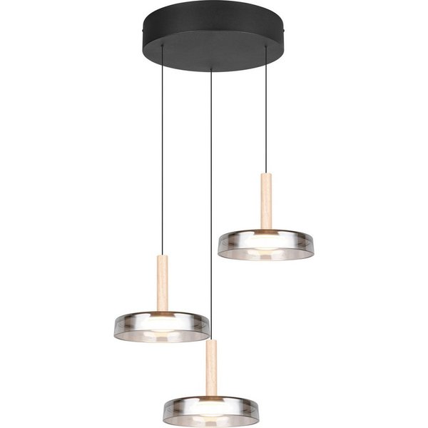 TRIO Leuchten LED Pendelleuchte CELESTE dimmbare LED Hängelampe aus Metall Glas & Holz, 7,5W 750 Lumen, Dimmfunktion, LED fest integriert, Warmweiß, 3-flammig e