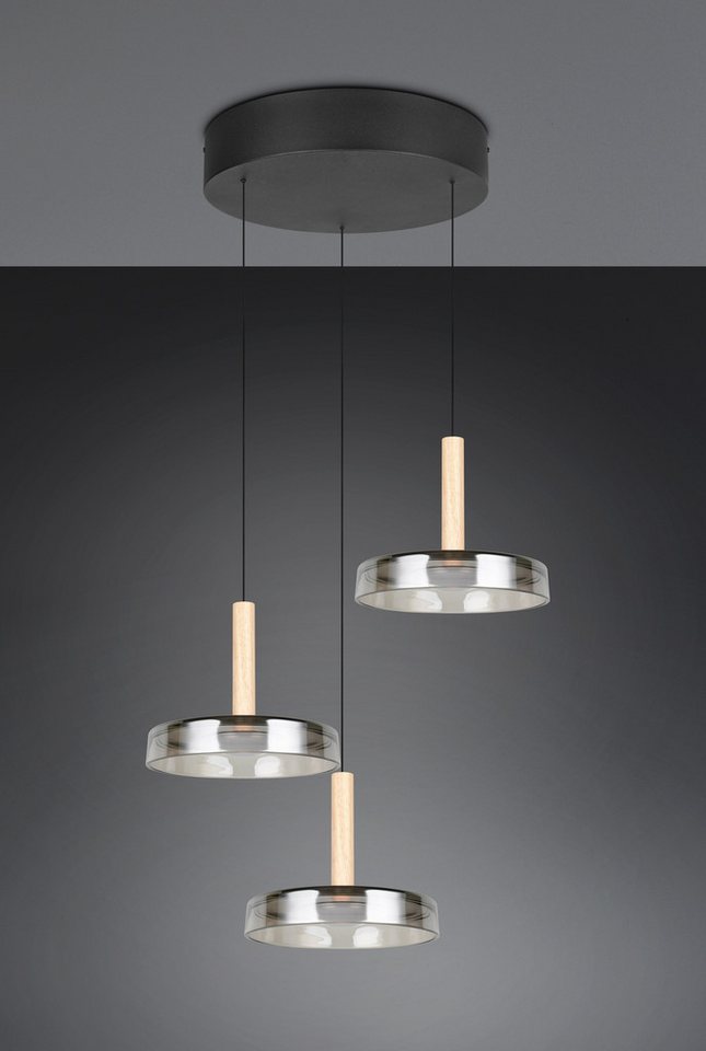 TRIO Leuchten LED Pendelleuchte CELESTE dimmbare LED Hängelampe aus Metall Glas & Holz, 7,5W 750 Lumen, Dimmfunktion, LED fest integriert, Warmweiß, 3-flammig e – Bild 2 von 5