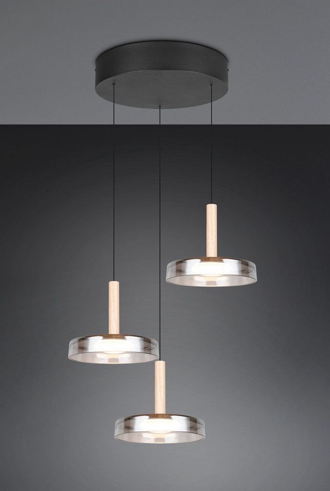 TRIO Leuchten LED Pendelleuchte CELESTE dimmbare LED Hängelampe aus Metall Glas & Holz, 7,5W 750 Lumen, Dimmfunktion, LED fest integriert, Warmweiß, 3-flammig e – Bild 3 von 5