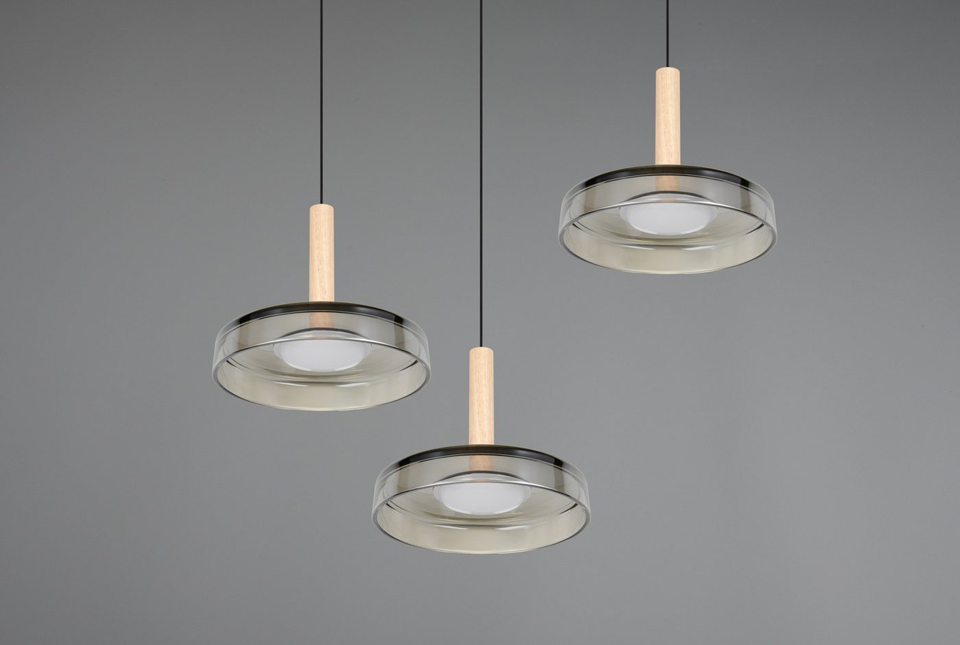 TRIO Leuchten LED Pendelleuchte CELESTE dimmbare LED Hängelampe aus Metall Glas & Holz, 7,5W 750 Lumen, Dimmfunktion, LED fest integriert, Warmweiß, 3-flammig e – Bild 4 von 5