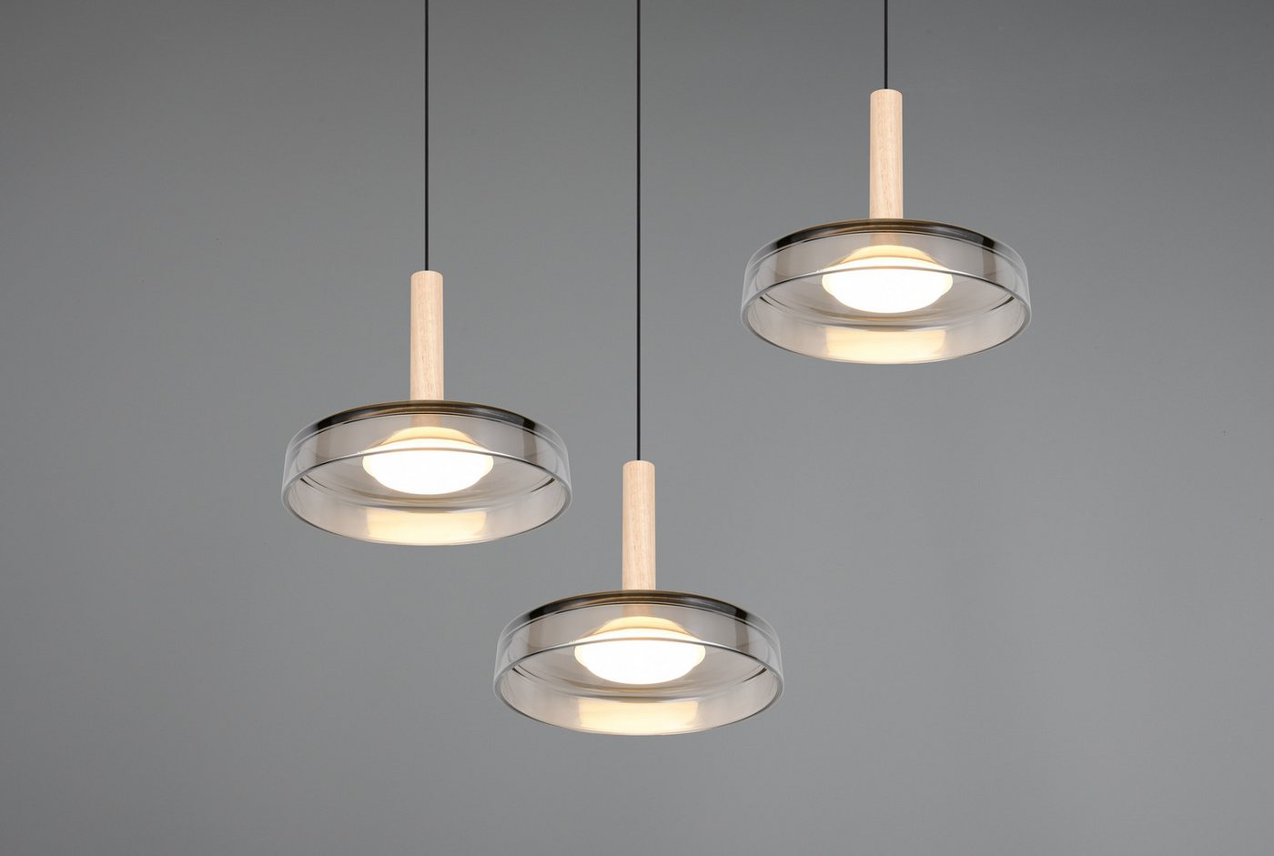 TRIO Leuchten LED Pendelleuchte CELESTE dimmbare LED Hängelampe aus Metall Glas & Holz, 7,5W 750 Lumen, Dimmfunktion, LED fest integriert, Warmweiß, 3-flammig e – Bild 5 von 5
