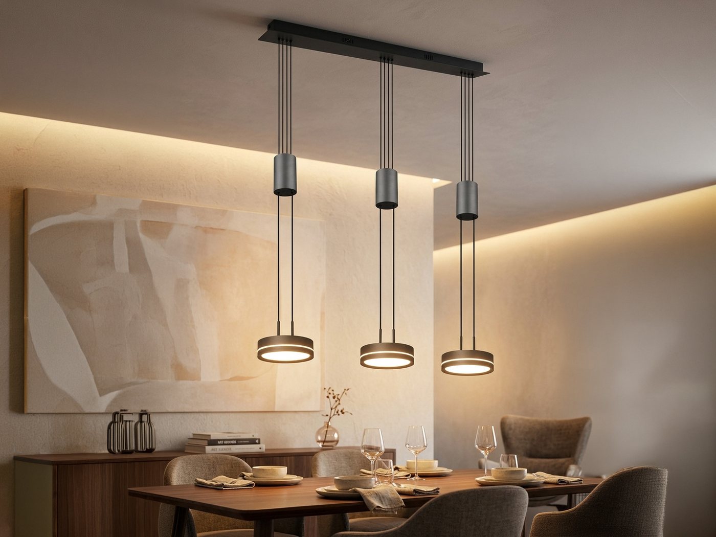 TRIO Leuchten LED Pendelleuchte, Dimmfunktion, LED fest integriert, warmweiß, Esstisch-Lampe hängend, stufenlos höhenverstellbar, Breite 85cm – Bild 2 von 5