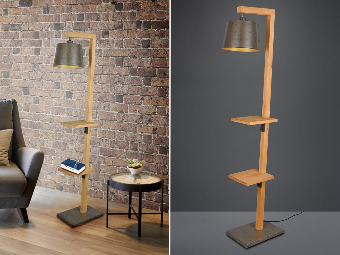TRIO Leuchten LED Stehlampe, Dimmfunktion, LED wechselbar, Warmweiß, groß-e ausgefallen-e Holz-lampe mit Metall Lampenschirm, Höhe 165cm – Bild 2 von 5
