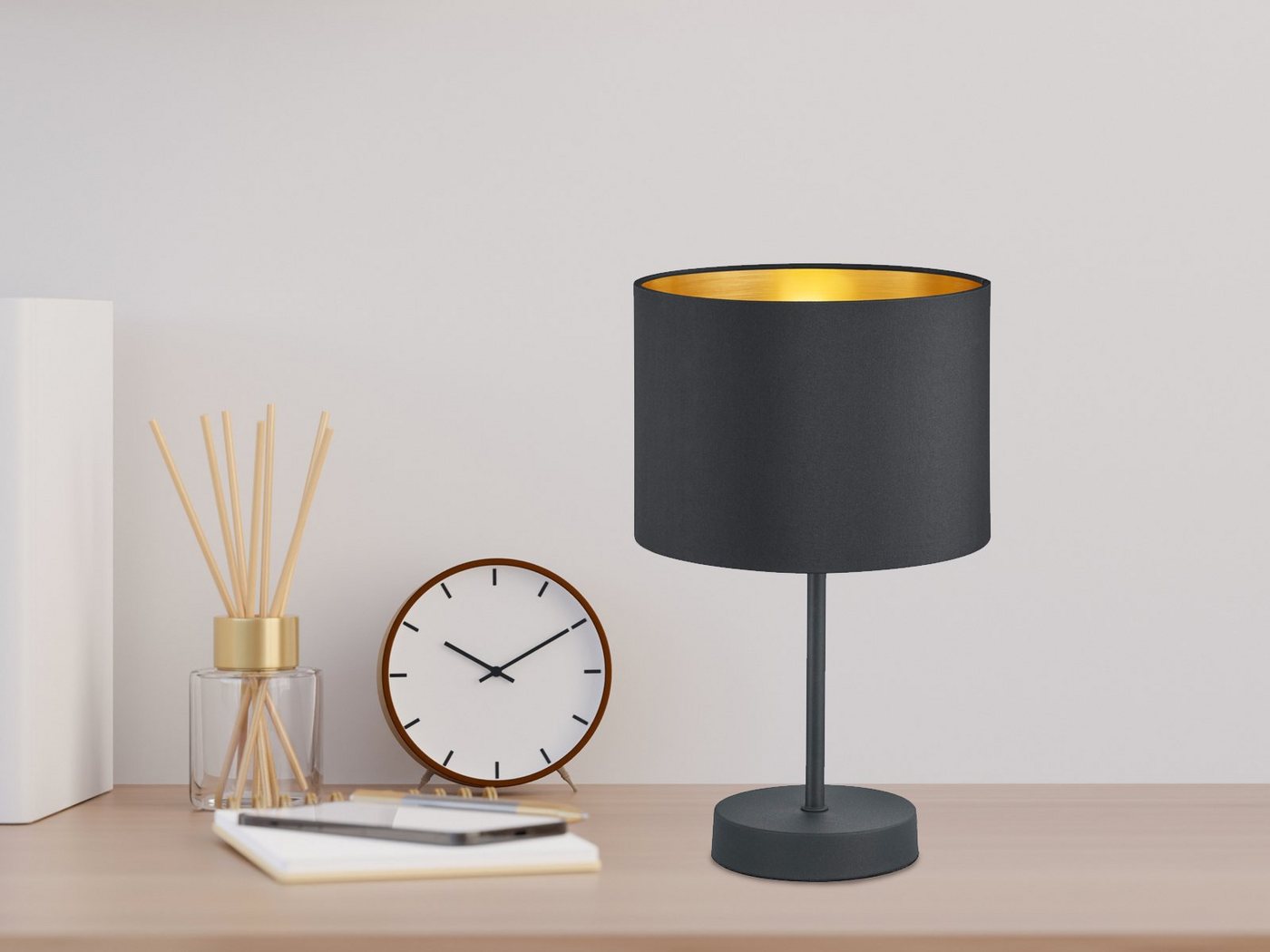 TRIO Leuchten LED Tischleuchte, Dimmfunktion, LED wechselbar, Warmweiß, dimmbar für Fensterbank, Design-er Stoff Lampen-schirm Schwarz Gold – Bild 2 von 5