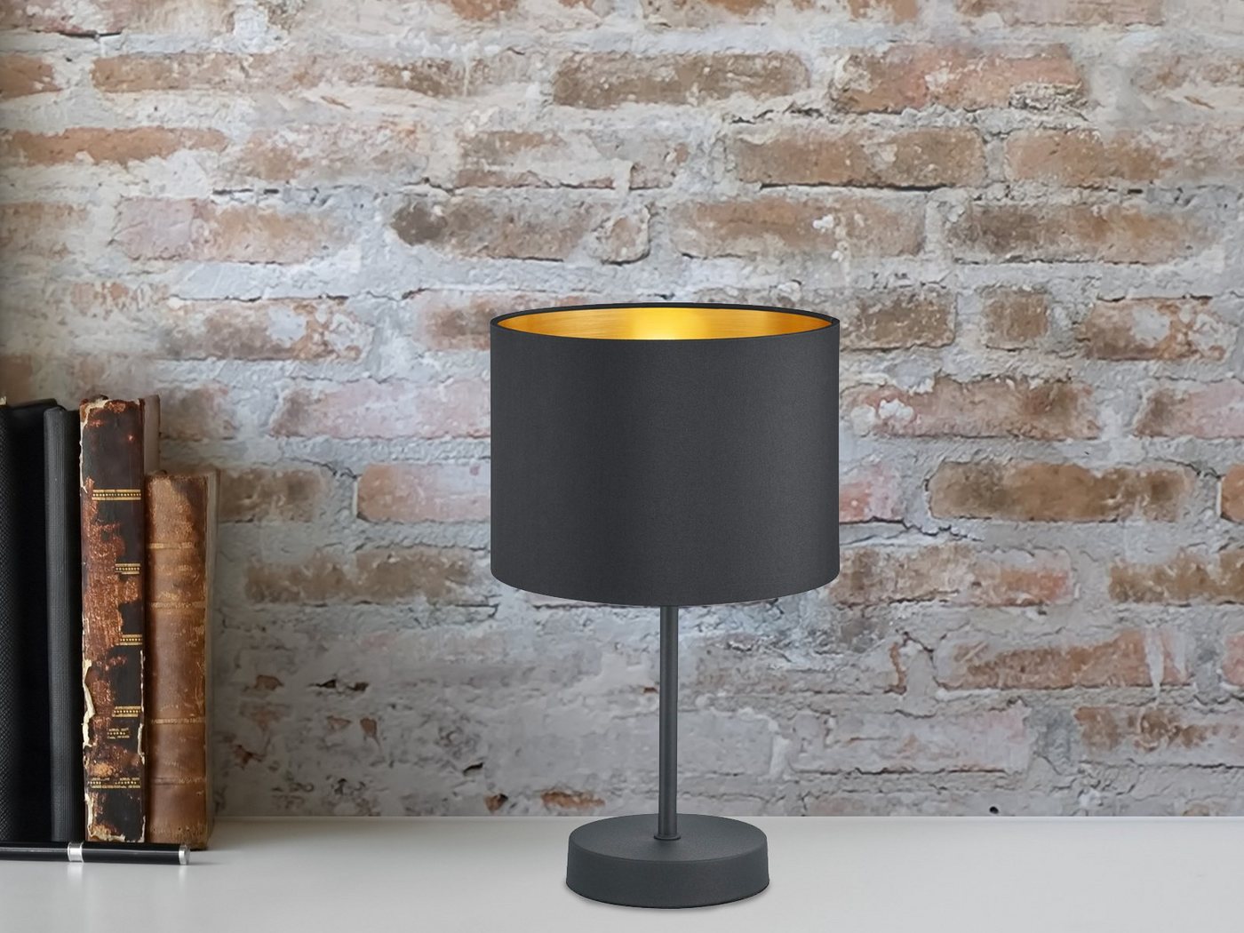 TRIO Leuchten LED Tischleuchte, Dimmfunktion, LED wechselbar, Warmweiß, dimmbar für Fensterbank, Design-er Stoff Lampen-schirm Schwarz Gold – Bild 5 von 5