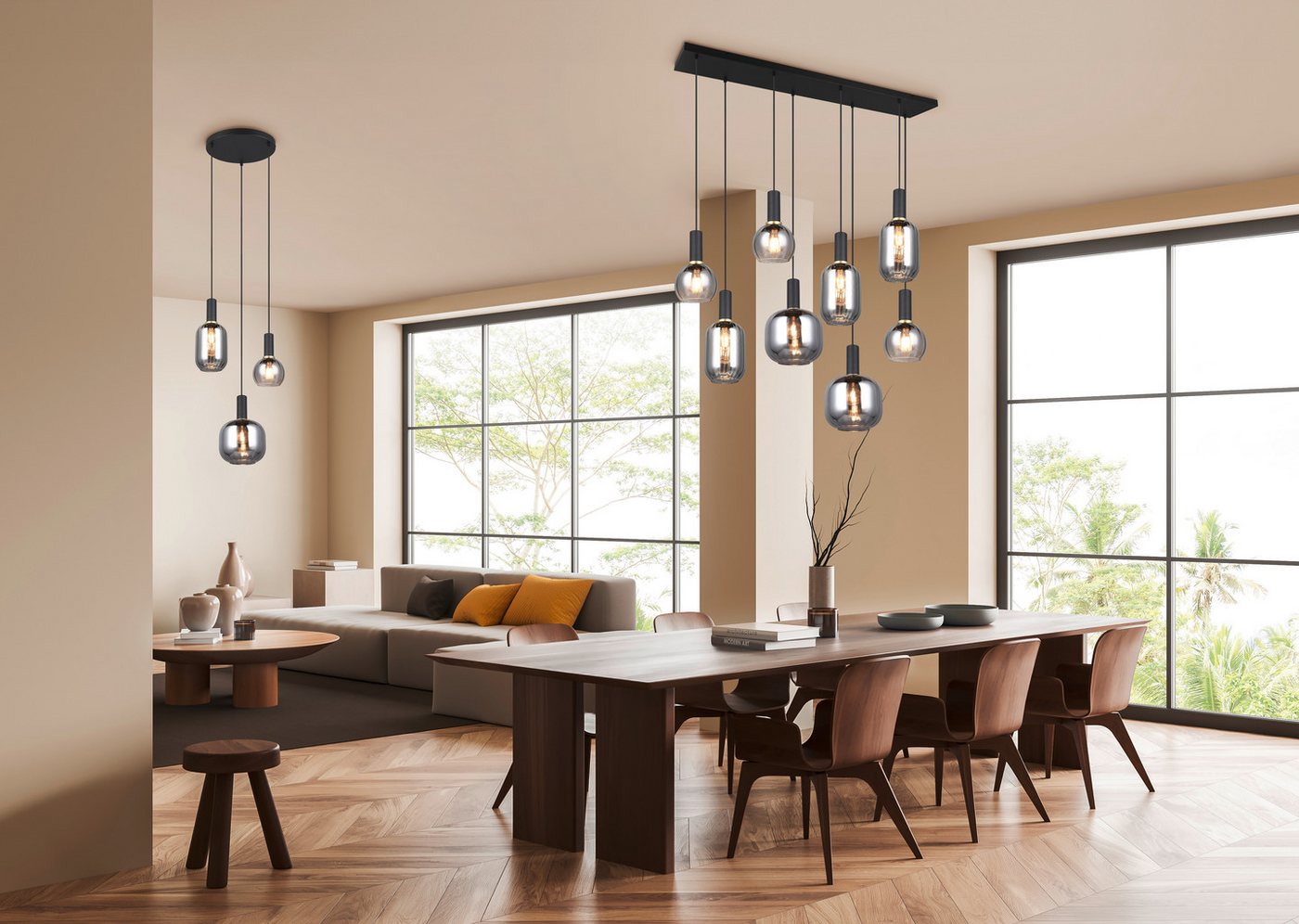 TRIO Leuchten Pendelleuchte DIVA, E27 Hängelampe 8-flammig mit Glasschirm, exkl 8xE27 max 10W, Leuchtmittel wechselbar, warmweiß - kaltweiß, höhenverstellbar bi – Bild 2 von 5