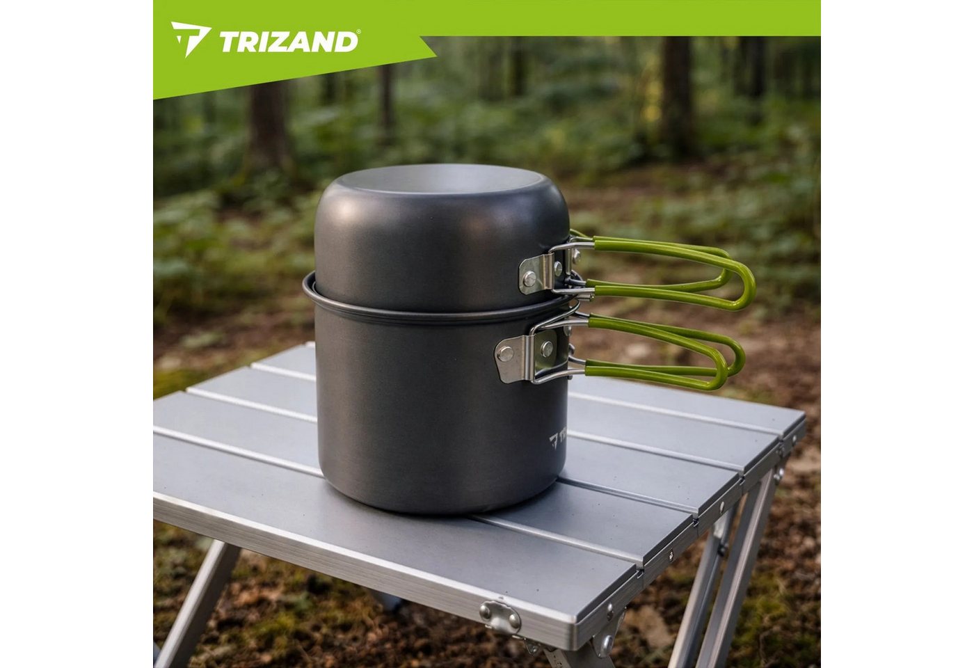 Trizand Geschirr-Set Camping Kochset 1,2L Aluminium faltbar Outdoor Trekking Geschirr (6-tlg), 2 Personen, Edelstahl, faltbare Griffe leichtes Aluminium kompakt – Bild 2 von 5