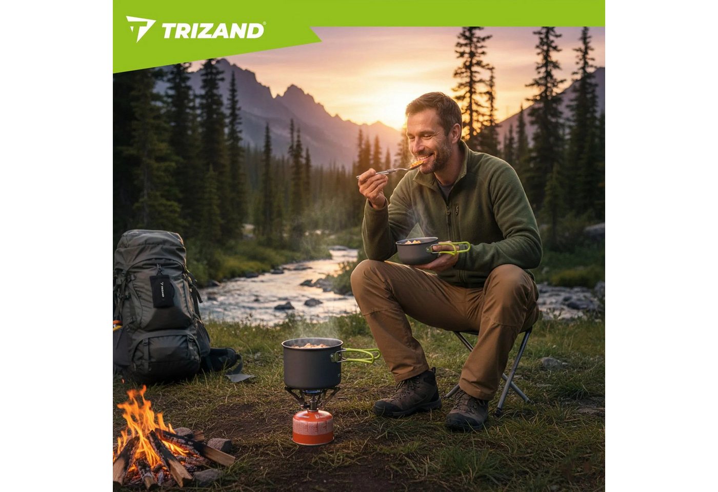 Trizand Geschirr-Set Camping Kochset 1,2L Aluminium faltbar Outdoor Trekking Geschirr (6-tlg), 2 Personen, Edelstahl, faltbare Griffe leichtes Aluminium kompakt – Bild 3 von 5