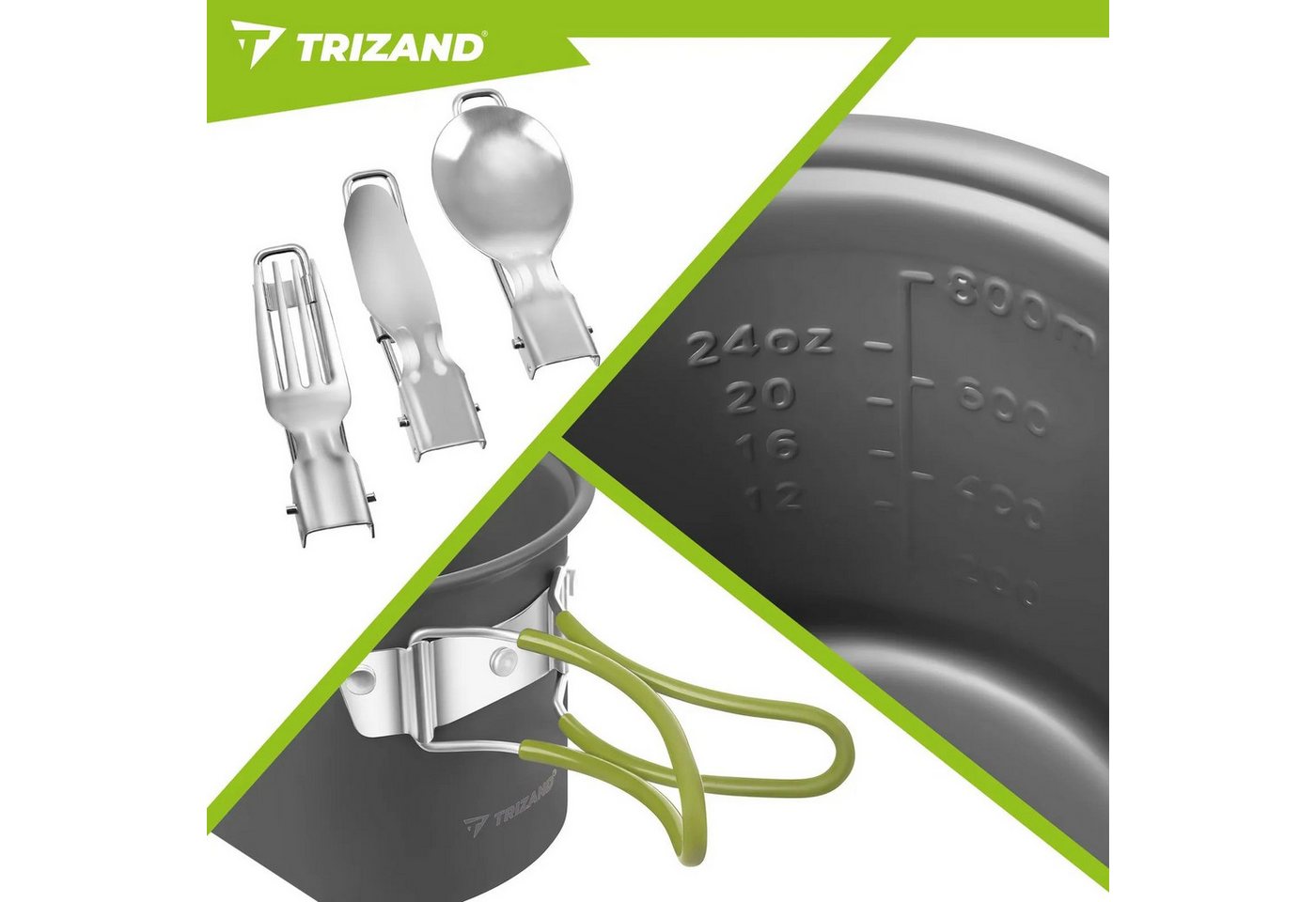 Trizand Geschirr-Set Camping Kochset 1,2L Aluminium faltbar Outdoor Trekking Geschirr (6-tlg), 2 Personen, Edelstahl, faltbare Griffe leichtes Aluminium kompakt – Bild 5 von 5