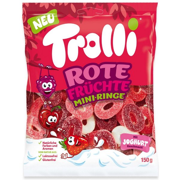 TROLLI Süßigkeit, Trolli Rote Früchte Ringe Erdbeer Himbeer und Kirsch Geschmack 150g