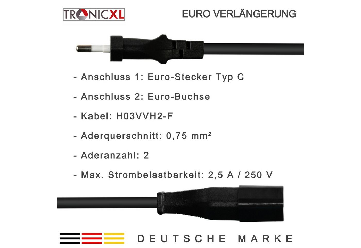 TronicXL Kurzes 0,2m Euro Verlängerungskabel Verlängerung Stromkabel 20cm kurz Verlängerungskabel, (20 cm) – Bild 2 von 5