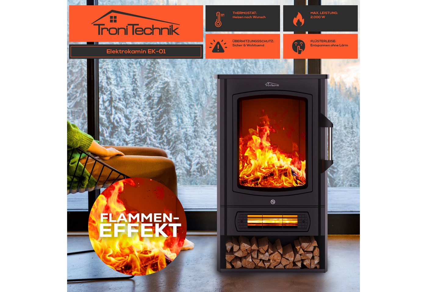 TroniTechnik Eckdusche Kaminfeuer, LED Flammeneffekt elektrisch 1000/2000 Watt, Standkamin mit Heizung, Thermostat Panorama-Sichtfenster Heizfunktion – Bild 2 von 5