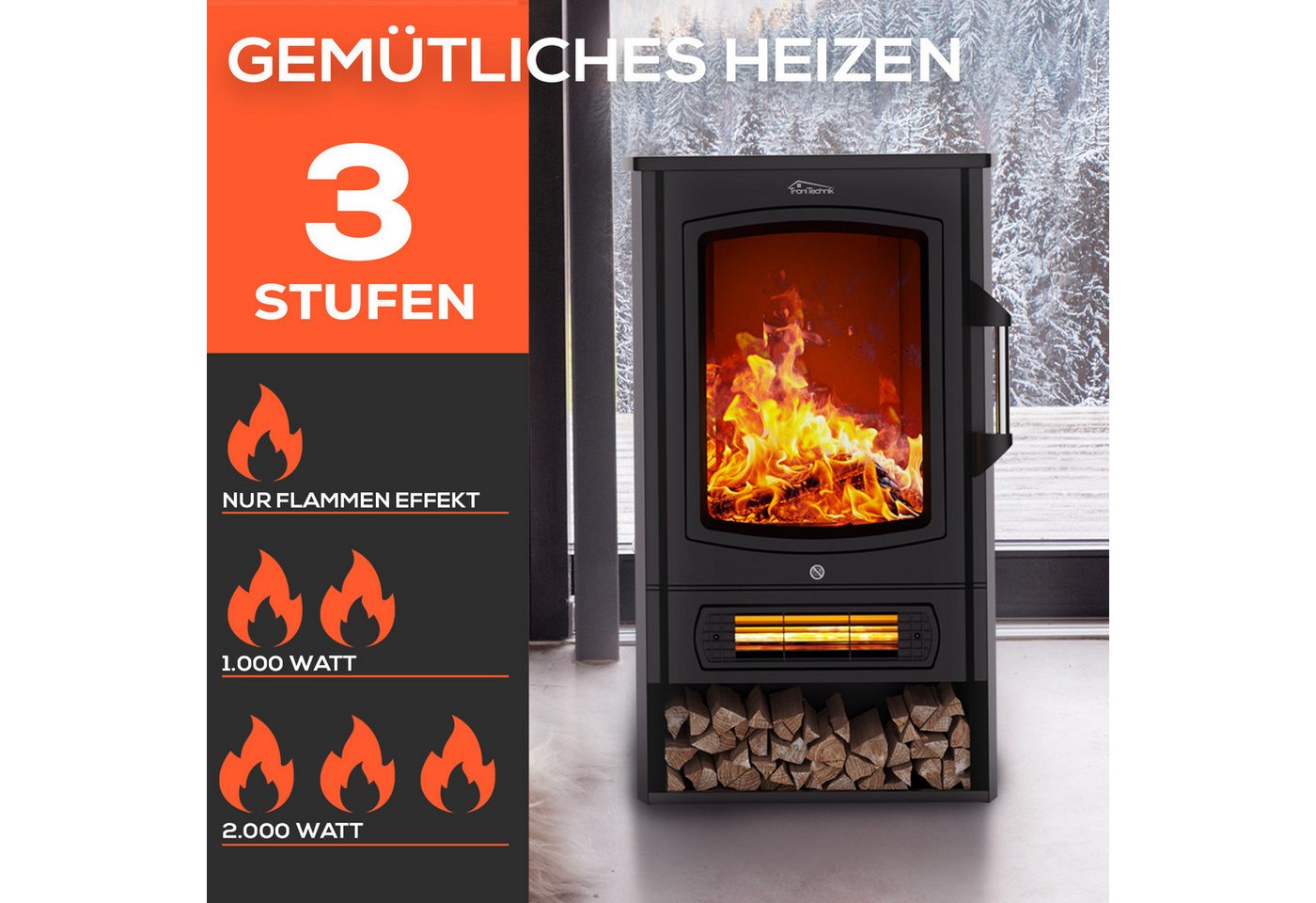 TroniTechnik Eckdusche Kaminfeuer, LED Flammeneffekt elektrisch 1000/2000 Watt, Standkamin mit Heizung, Thermostat Panorama-Sichtfenster Heizfunktion – Bild 3 von 5