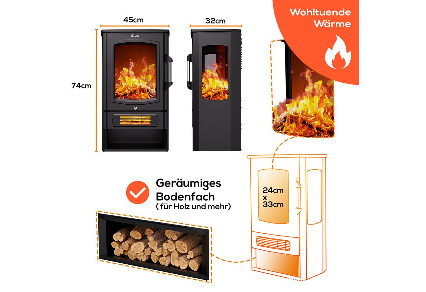 TroniTechnik Eckdusche Kaminfeuer, LED Flammeneffekt elektrisch 1000/2000 Watt, Standkamin mit Heizung, Thermostat Panorama-Sichtfenster Heizfunktion – Bild 4 von 5