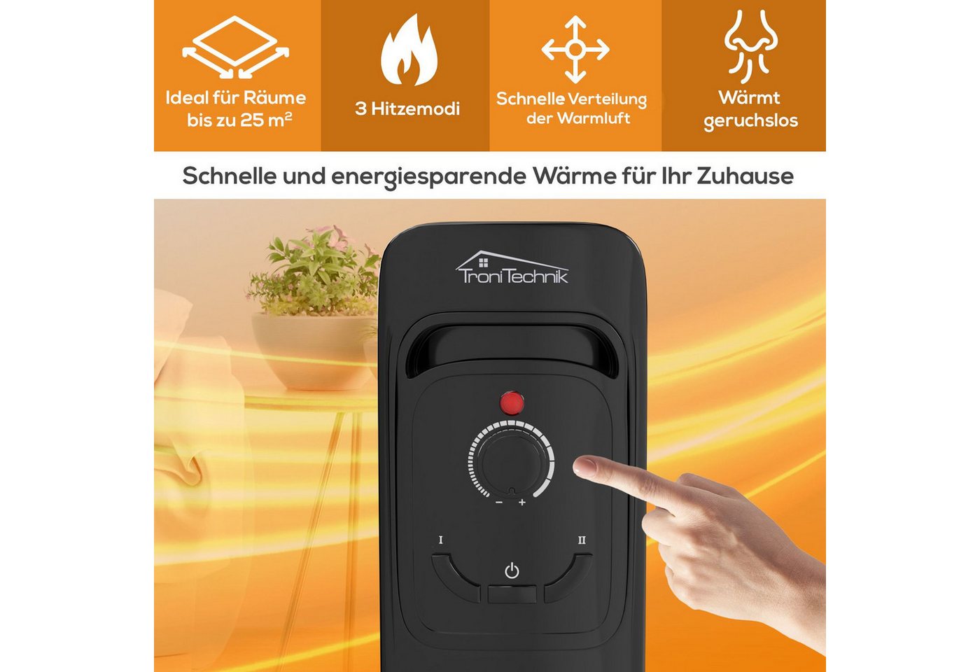 TroniTechnik Eckdusche Ölradiator in schwarz, mobile Elektroheizung 7 Rippen, 1500Watt, energiesparend, Elektroheizung, 1500 Watt, 3 Stufen – Bild 3 von 5