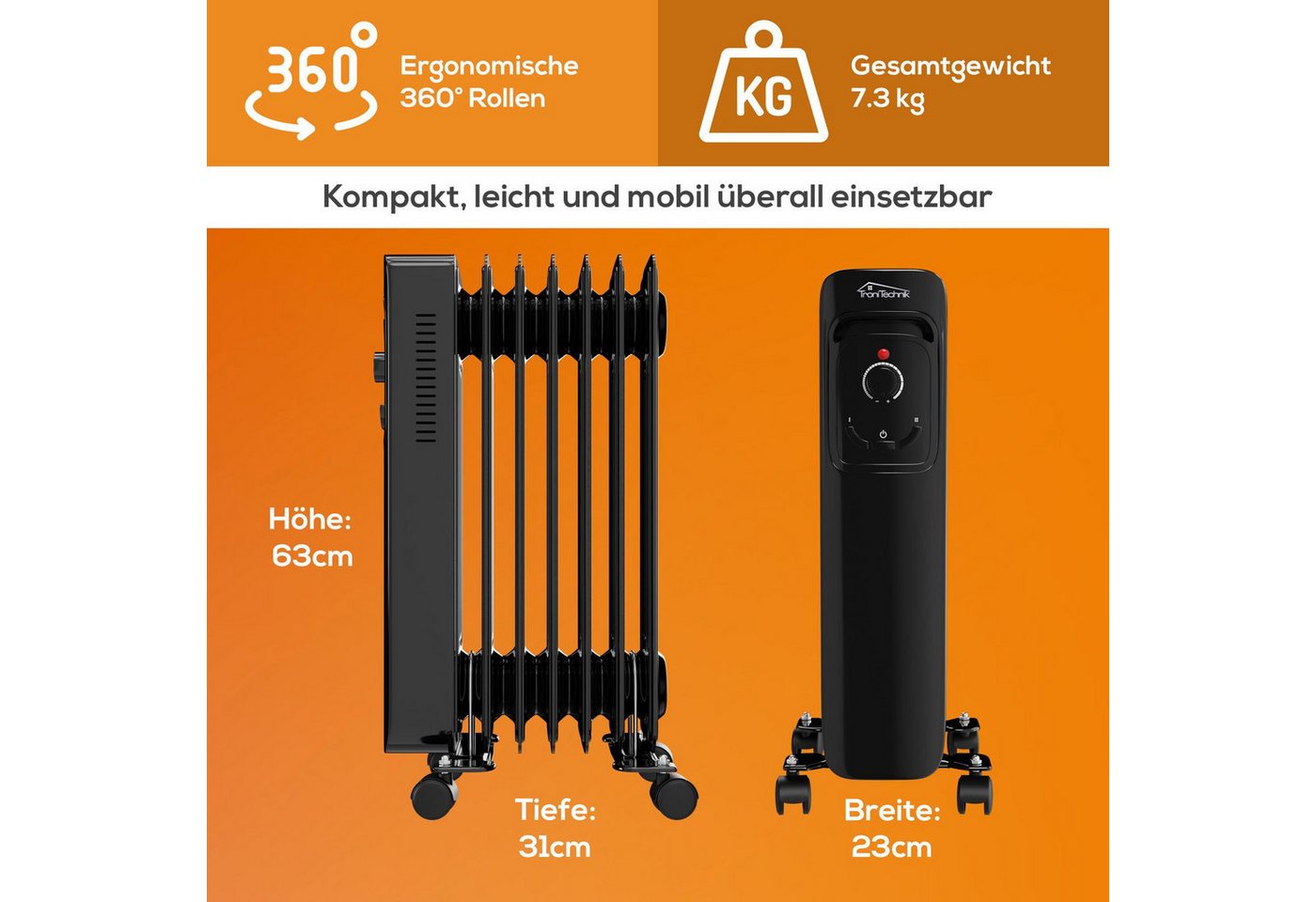 TroniTechnik Eckdusche Ölradiator in schwarz, mobile Elektroheizung 7 Rippen, 1500Watt, energiesparend, Elektroheizung, 1500 Watt, 3 Stufen – Bild 5 von 5