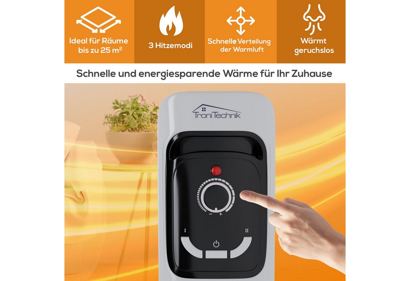 TroniTechnik Eckdusche Ölradiator in weiß, mobile Elektroheizung 7 Rippen, 1500Watt, energiesparend, Elektroheizung, 1500 Watt, 3 Stufen – Bild 3 von 5