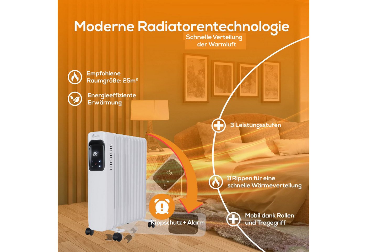 TroniTechnik Ölradiator Ölradiator in weiß, mobile Elektroheizung 11 Rippen, 2500Watt, energiesparend, Elektroheizung, 2500 Watt, 3 Stufen – Bild 4 von 5
